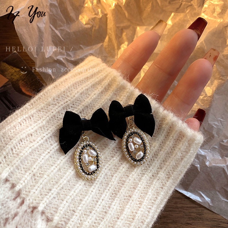 Đôi khuyên tai AY đính nơ màu đen/ be đính hạt ngọc trai nhân tạo phong cách thanh lịch thời trang cho nữ