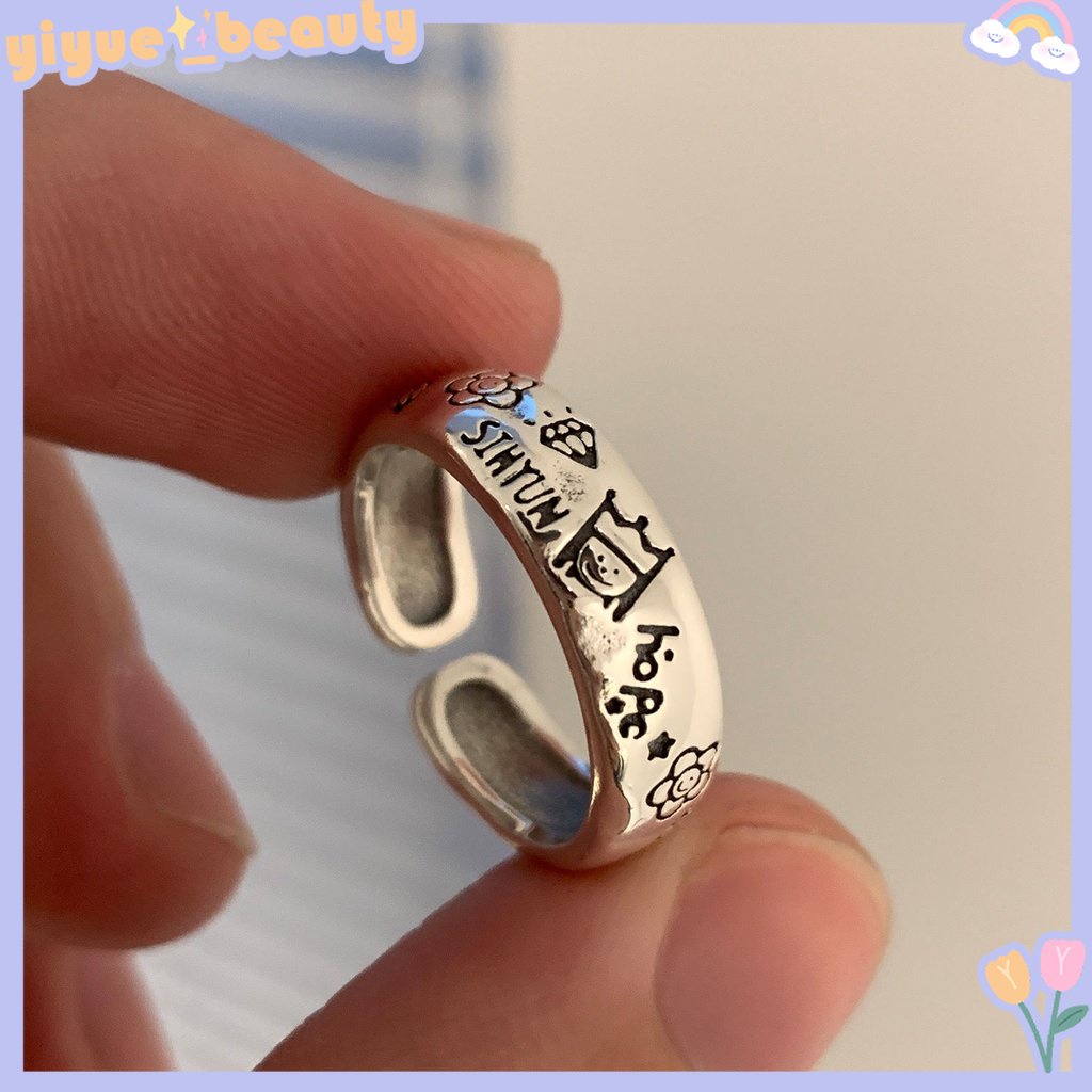 Nhẫn Hở Họa Tiết Graffiti Hoàng Tử Hoa Màu Bạc Phong Cách Thái Hàn Quốc Cho Nữ