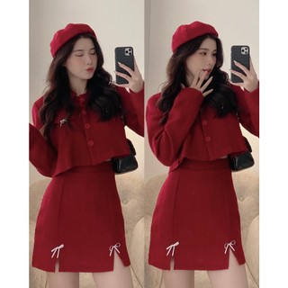 Set dạ tweed áo croptop ghim cài nơ kèm chân váy basic - Made by Fiin