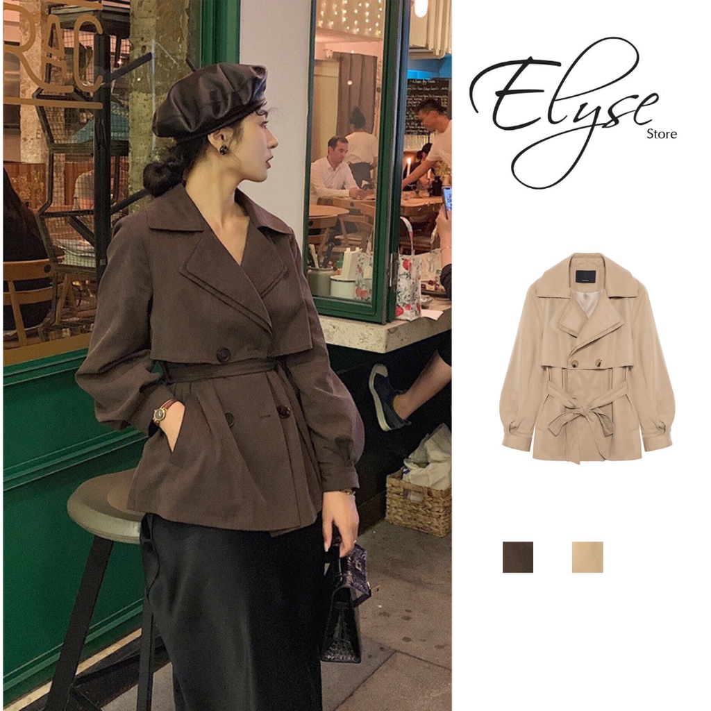 Áo mangto ngắn/áo khoác măng tô đẹp kèm đai chất kaki cổ vest dáng ngắn cho nữ Hàng Quảng Châu