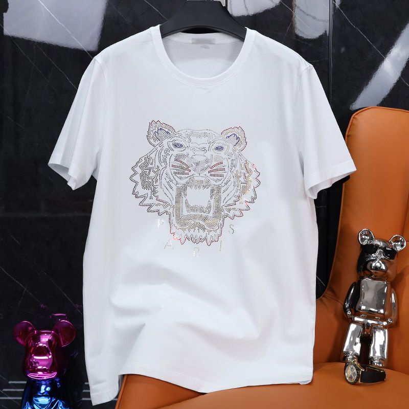 Áo Thun Cotton Ngắn Tay Cổ Tròn In Hình Hổ Đính Đá Phong Cách Đường Phố Cho Nam