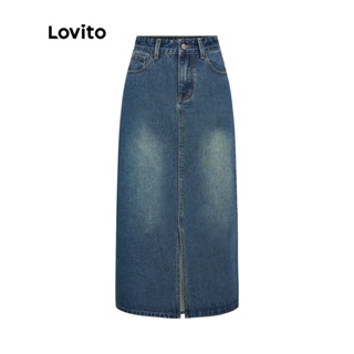 Lovito Váy Denim nữ Midi được giặt trơn giản dị L39AD079 Xanh lam