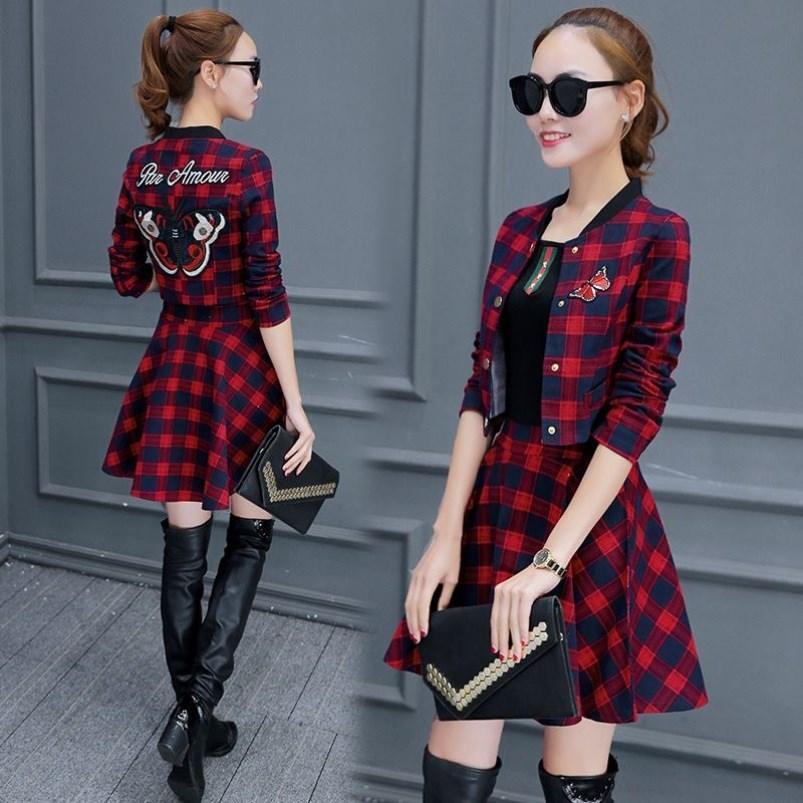 Bộ Áo Khoác Vest Tay Dài Ôm Eo + Chân Váy Chữ A Họa Tiết Kẻ Ô Phong Cách Hàn Quốc Thời Trang Mùa Xuân Mới 2023