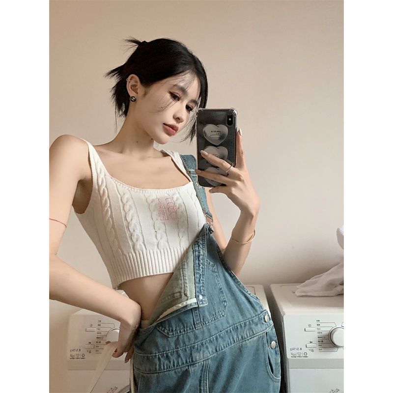 Áo Croptop Dệt Kim Không Tay Thêu Chữ Thời Trang Hàn Quốc 2023 Cho Nữ