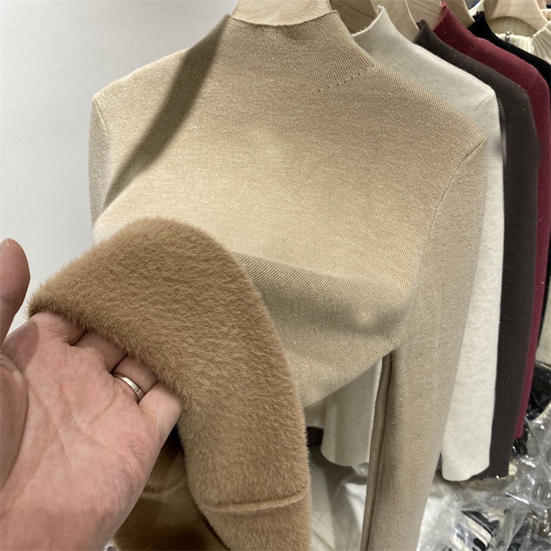 Áo Sweater Dệt Kim Lót Lông Cừu Dày Dặn Cổ Cao Tay Dài Thời Trang Mùa Thu Cho Nữ