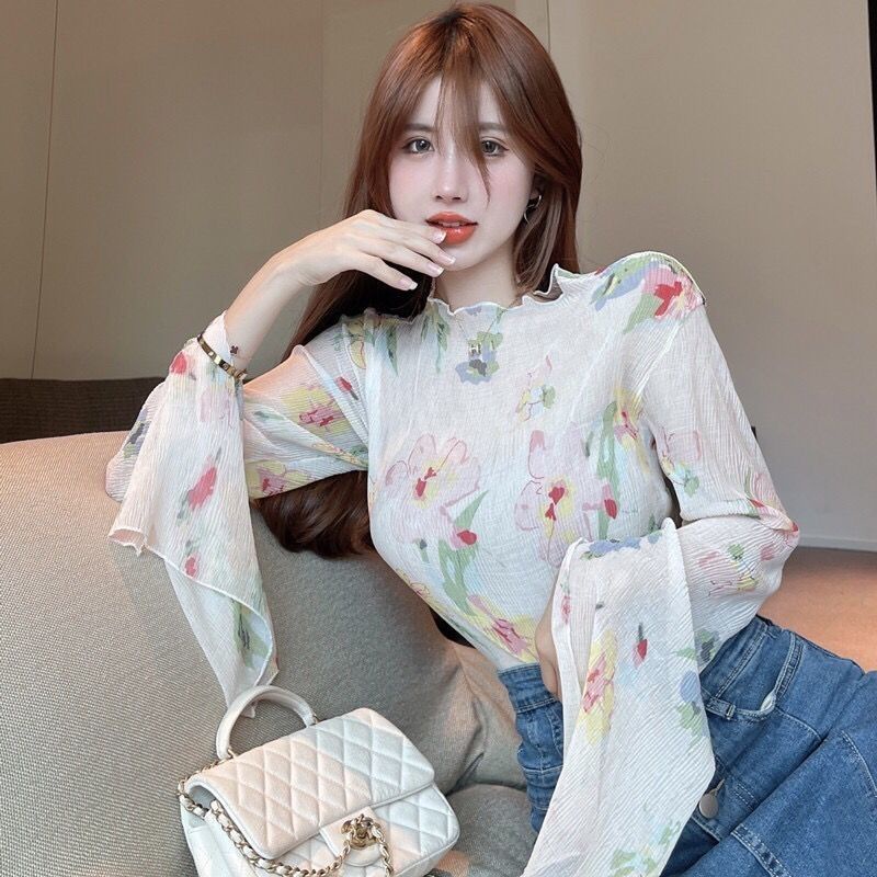 Áo Sơ Mi Chiffon Tay Dài Loe Cổ Cao Xếp Ly Ôm Dáng In Họa Tiết Thời Trang Cho Nữ | BigBuy360 - bigbuy360.vn