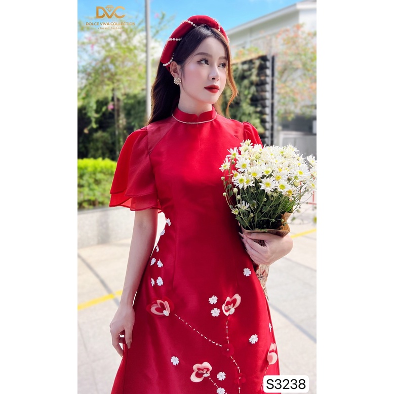 Set áo dài đỏ tay cánh tiên phối chân váy xòe cách tân tặng kèm mấn đội đầu thiết kế cao cấp chính hãng DVC