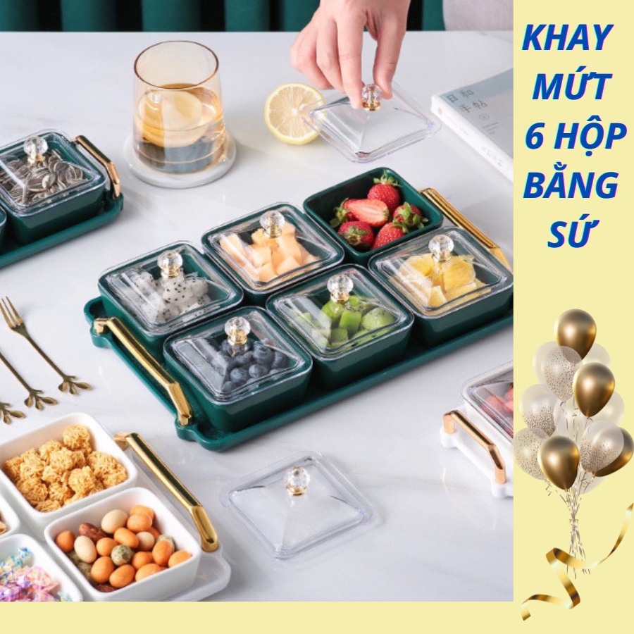 FREESHIP - Khay Mứt tết 6 Ngăn Đựng Bánh Kẹo, Hạt dưa Sang Trọng Bằng Sứ Cao Cấp