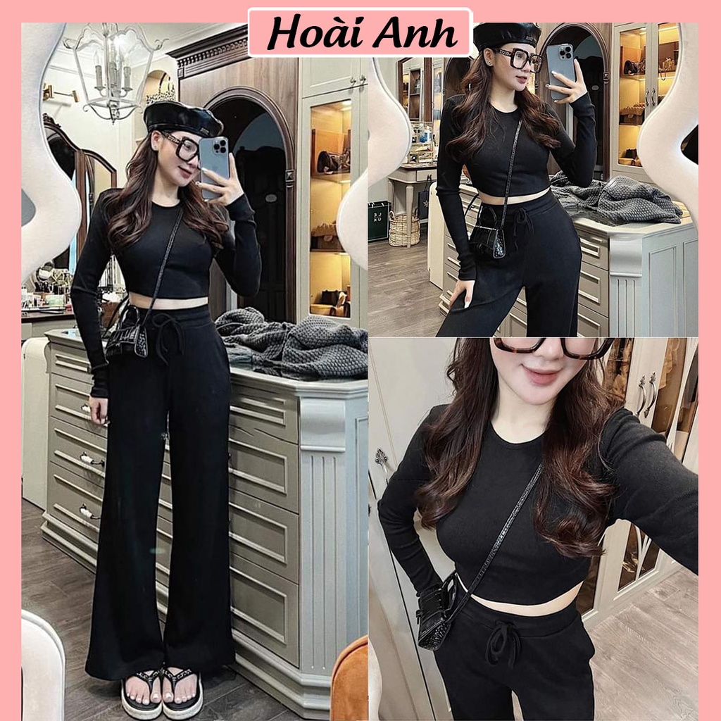 Bộ Đồ Nữ Áo Thun Croptop Dài Tay Mix Quần Culottes Ống Rộng Freesize