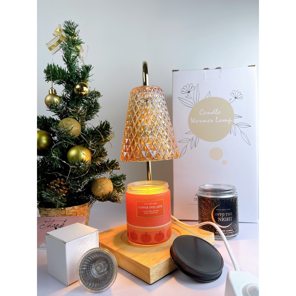 Đèn đốt nến thơm đế gỗ nón thủy tinh có chỉnh độ sáng - tặng kèm bóng