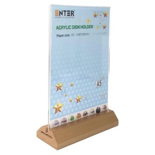 Kệ mica 2 mặt enter e42-a 150x210mm đế gỗ a5 đứng