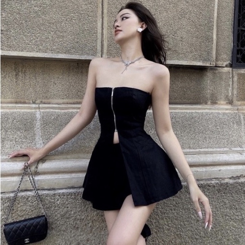 Set Áo Ống Cúp Ngực Khoá Kéo Kèm Quần Short Cá Tính Màu Đen
