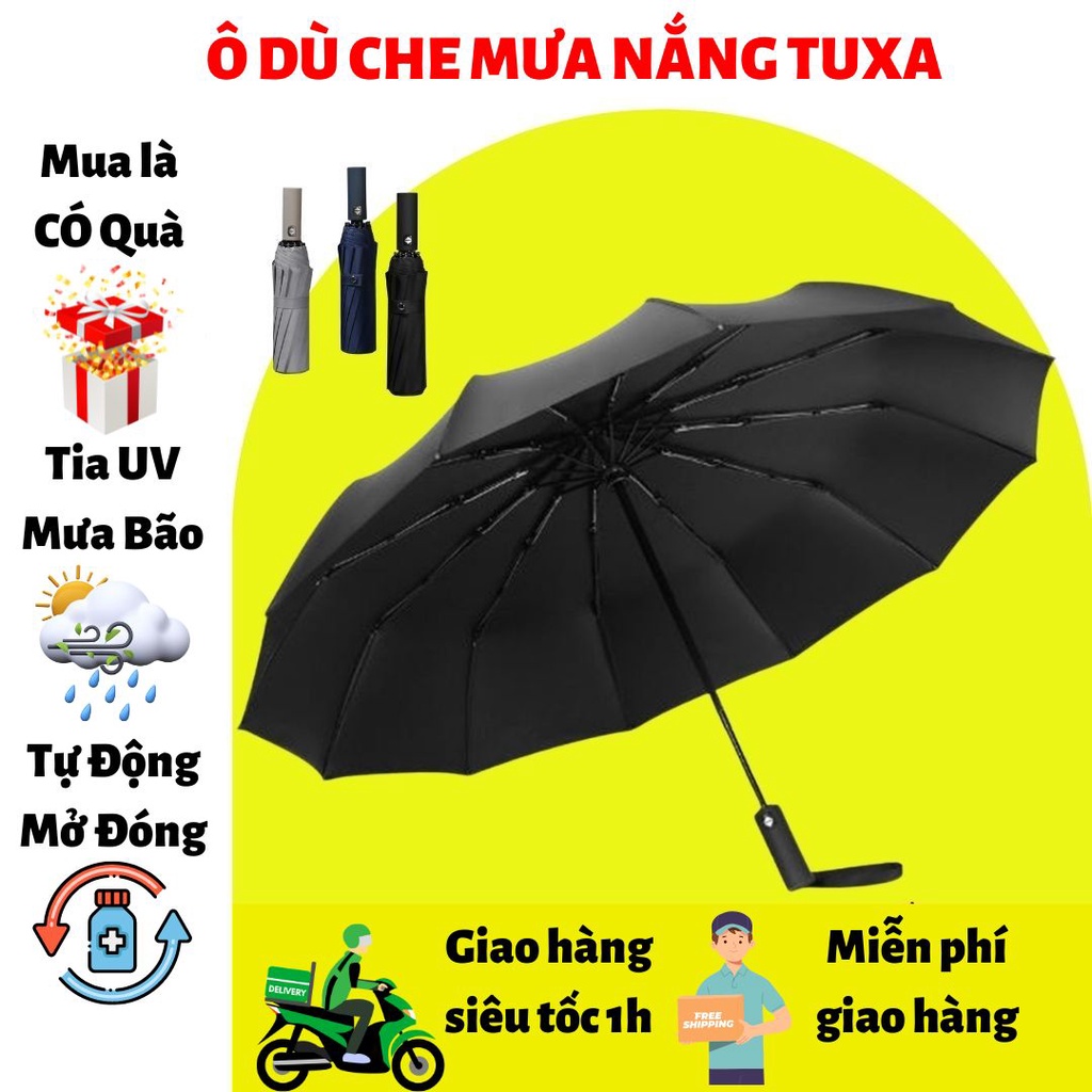 Ô dù che mưa đi nắng TUXA 12 nan mở tự động gấp nhỏ gọn cầm tay 2 chiều cỡ lớn to cho xe hơi ô tô chống thấm Tia UV