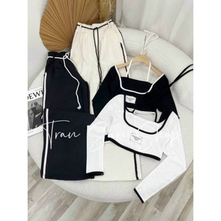 Áo thun croptop tay dài chạy viền dây cột cổ