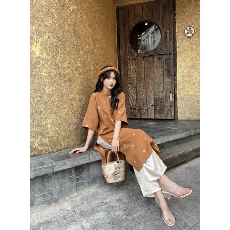 Áo dài “TRÚC ANH”  - Áo dài nhung lì thêu hoa vintage kèm mấn