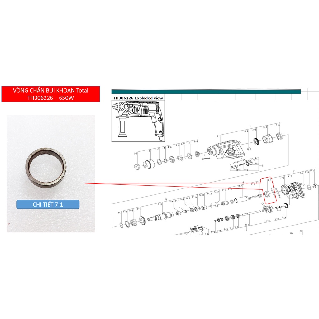Máy khoan đục 3 chức năng Total TH306226 - 650W, PHỤ TÙNG KHOAN TOTAL TH 306226