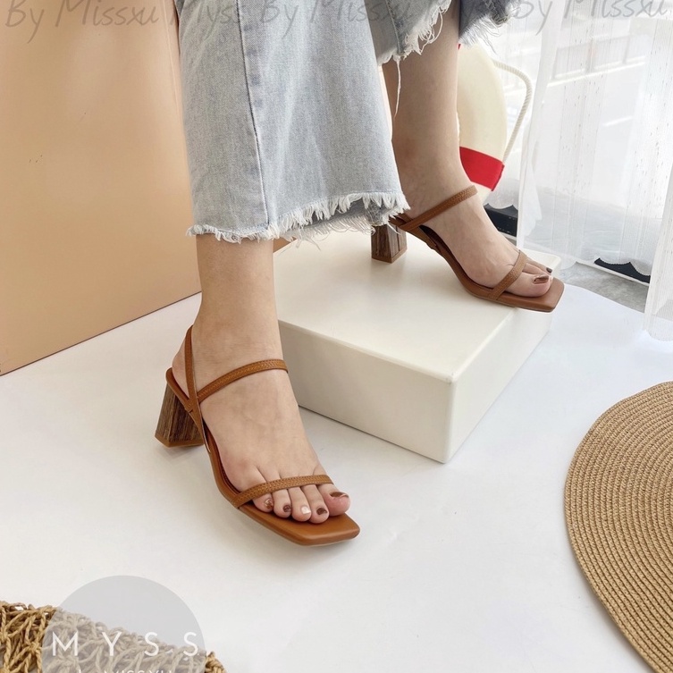 Giày sandal nữ quai mảng ngang da thật gót gỗ 5cm cao cấp MYSS - SDDT01