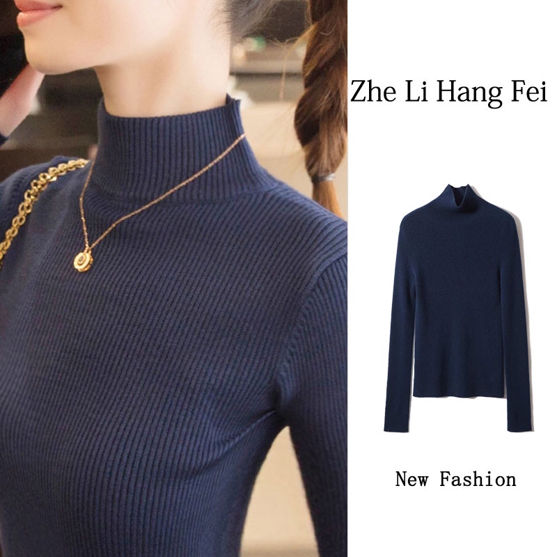 Áo sweater ZHELIHANGFEI tay dài cổ cao dáng ôm dễ phối đồ thời trang cho nữ