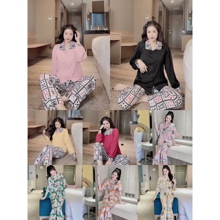 Đồ bộ, đồ mặc nhà nữ- Cổ Pyjama Và Cổ Sen Thiết Kế Hoạ Tiết Lá Bài Tết chất liệu lụa mango cao cấp