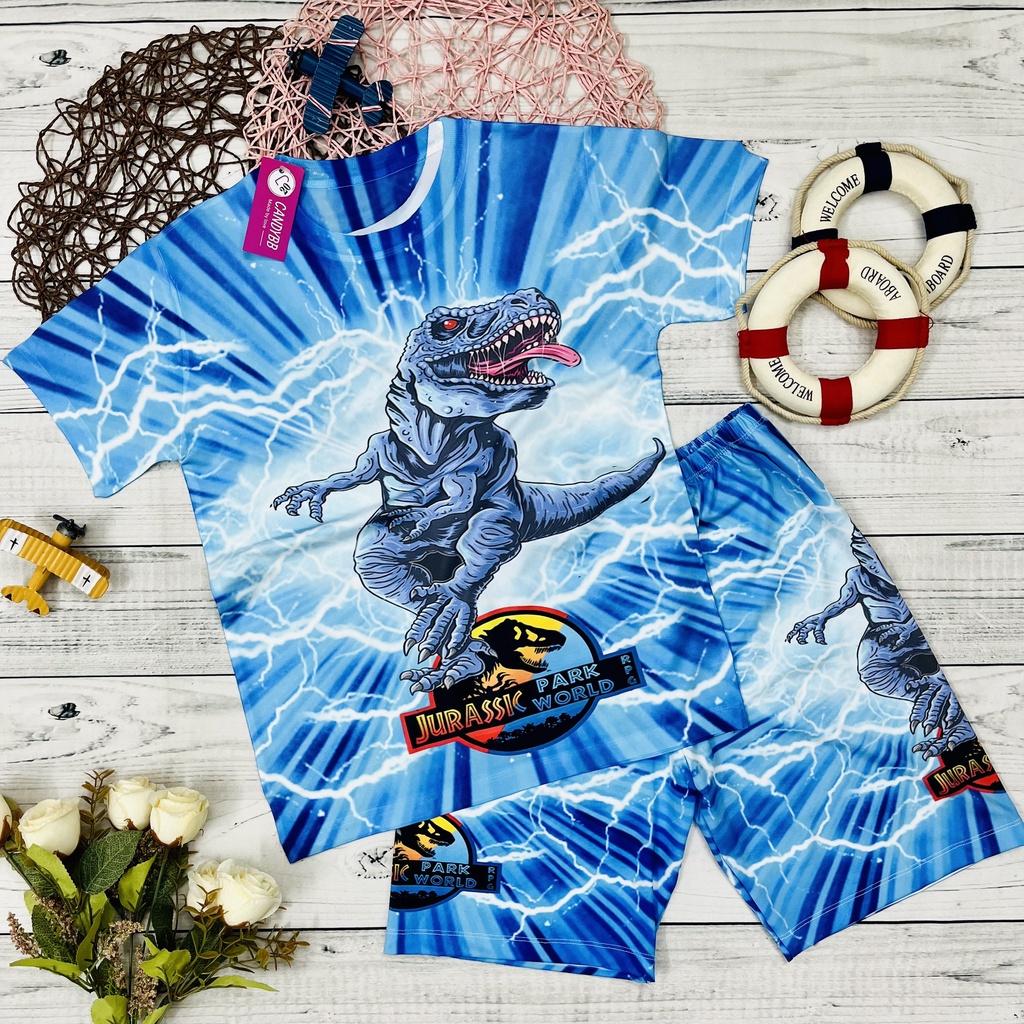 Bô thun Khủng Long T-rex bé trai có size 60kg, đồ bộ sát nách nách, tay ngắn mềm mịn, thấm hút mồ hôi