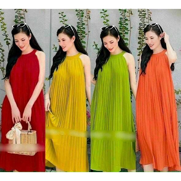 Váy Yếm dập ly vải voan may 2 lớp đầm xuông cổ yếm freesize xếp ly