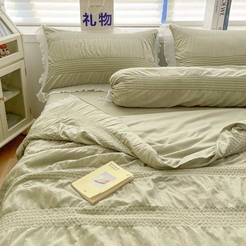 Set chăn ga 5 món cotton đũi rúm chăn trần viền bèo công chúa