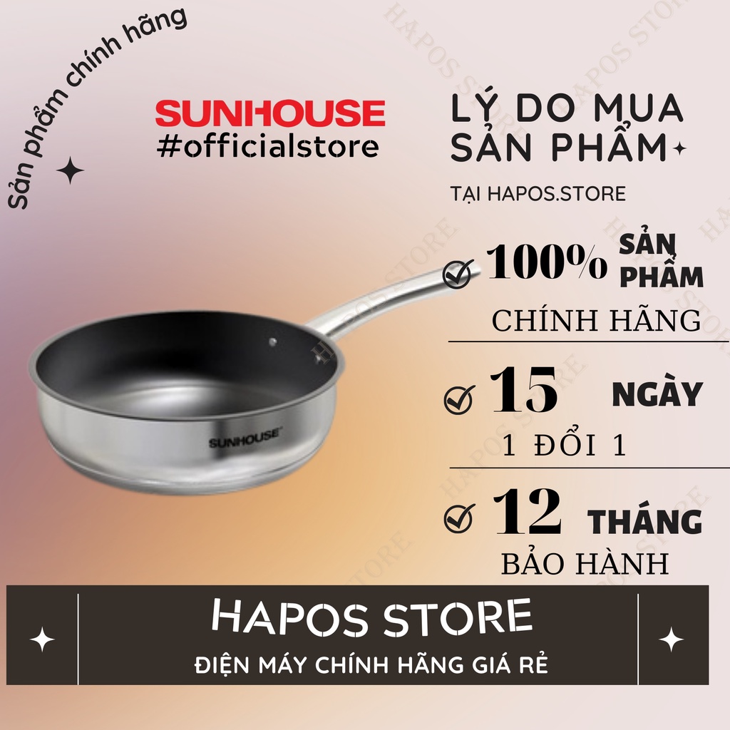 Chảo Inox 5 đáy chống dính Sunhouse 20cm / 24cm / 26cm IN20M2 - IN24M2- IN26M2 -  sử dụng bếp từ - HAPOS