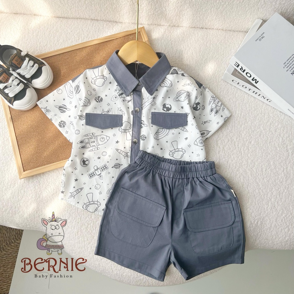 set bộ đi chơi bé trai áo sơ mi kèm quần short âu họa tiết vũ trụ BERNIE cho bé từ 9 đến 24kg