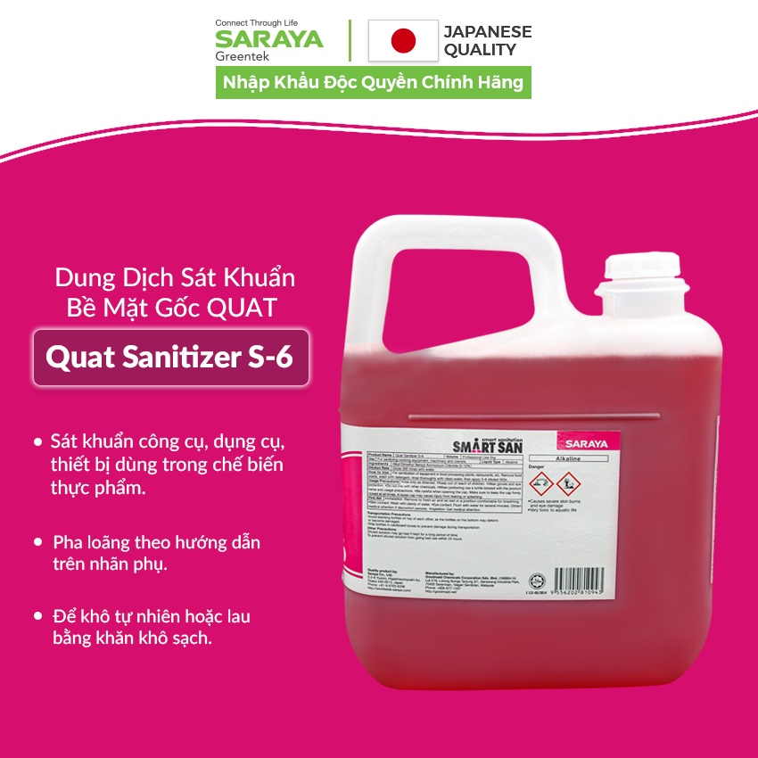 Dung dịch sát khuẩn bề mặt gốc QUAT Saraya Sanitizer S-6 - Can 5 kg