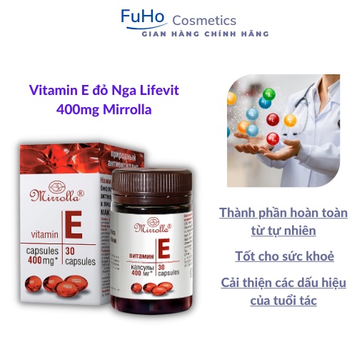 Viên uống Vitamin E đỏ Nga 400mg Mirrolla Làm đẹp trắng da chống lão hộp