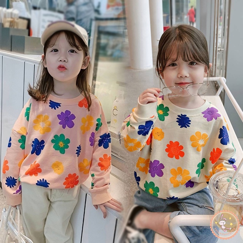 Áo Thun Tay Dài Cổ Tròn In Hình Hoa Phong Cách Hàn Quốc Cho Bé Gái