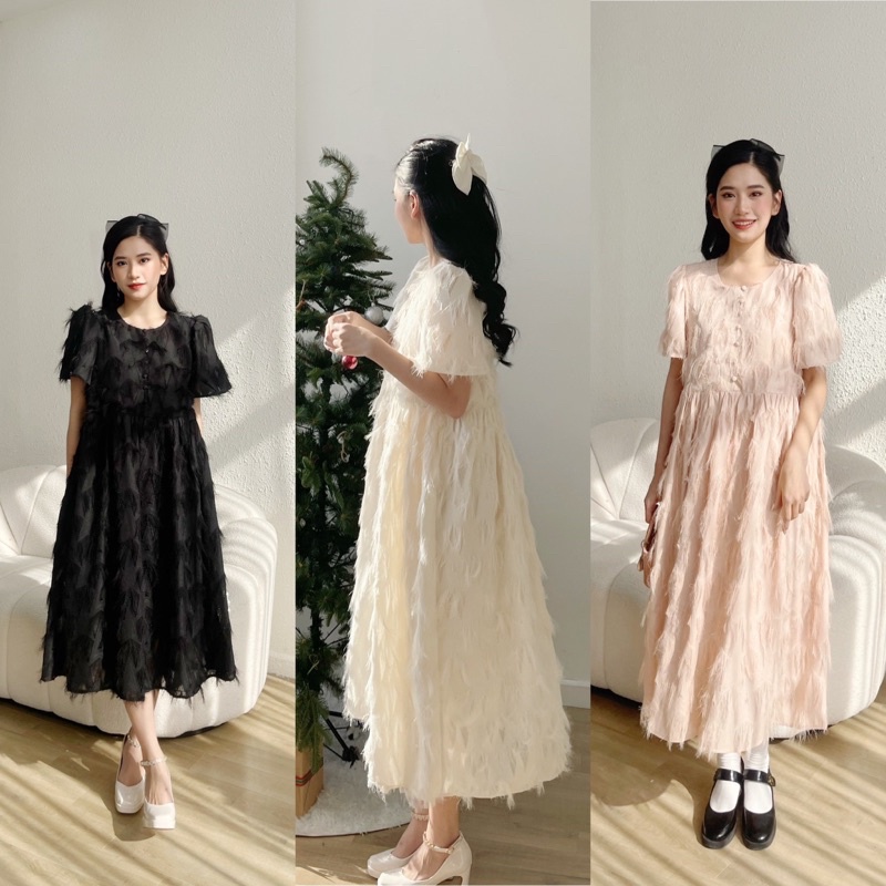 Đầm voan lông Hàn quốc dáng babydoll nút bọc