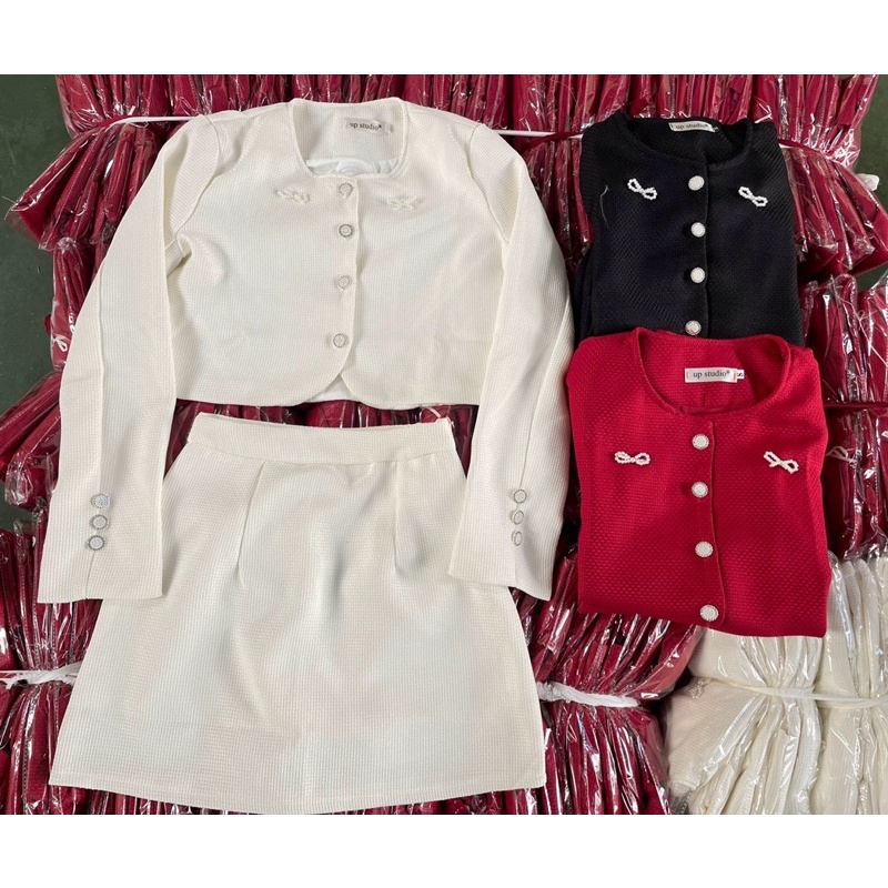 SET ÁO DẠ ĐÍNH NƠ CÚC ĐÍNH ĐÁ KÈM CHÂN VÁY CHỮ A SADTNC