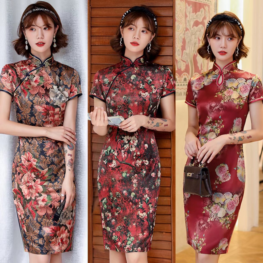 Sườn Xám Cách Tân Chất Liệu Satin Cao Cấp Thời Trang Theo Phong Cách Trung Hoa