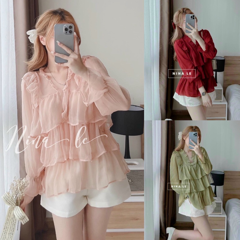 Sét Bộ Đồ Nữ Áo Voan Lụa Bèo Dài Tay Xếp Tầng Kèm Quần Short Thiết Kế Sang Chảnh Đi Làm Công Sở, Dạ Hội Và Du Lịch