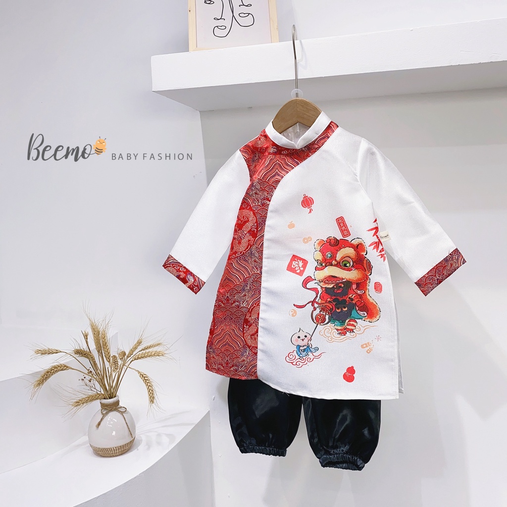 Set Áo Dài Bé Trai Phối Gấm In Hình Lân Và Quần Dài Đen