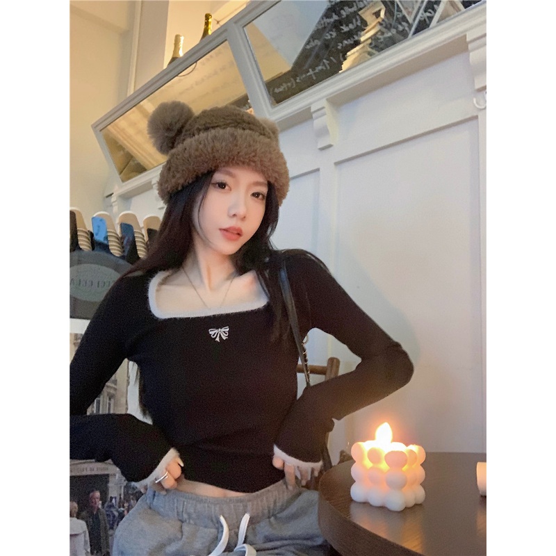 ZHELIHANGFEI Áo Dệt Kim Tay Dài Cổ Vuông Eo Cao Quyến Rũ Dễ Phối Đồ Hợp Thời Trang