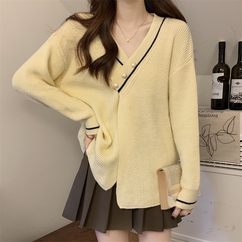 ZHELIHANGFEI Áo khoác cardigan dệt kim cổ chữ V tay dài dáng rộng đa năng