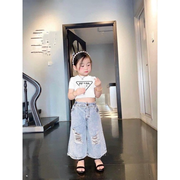 Bộ áo 8_35kg) croptop kèm quần xuông cá tính bé gái