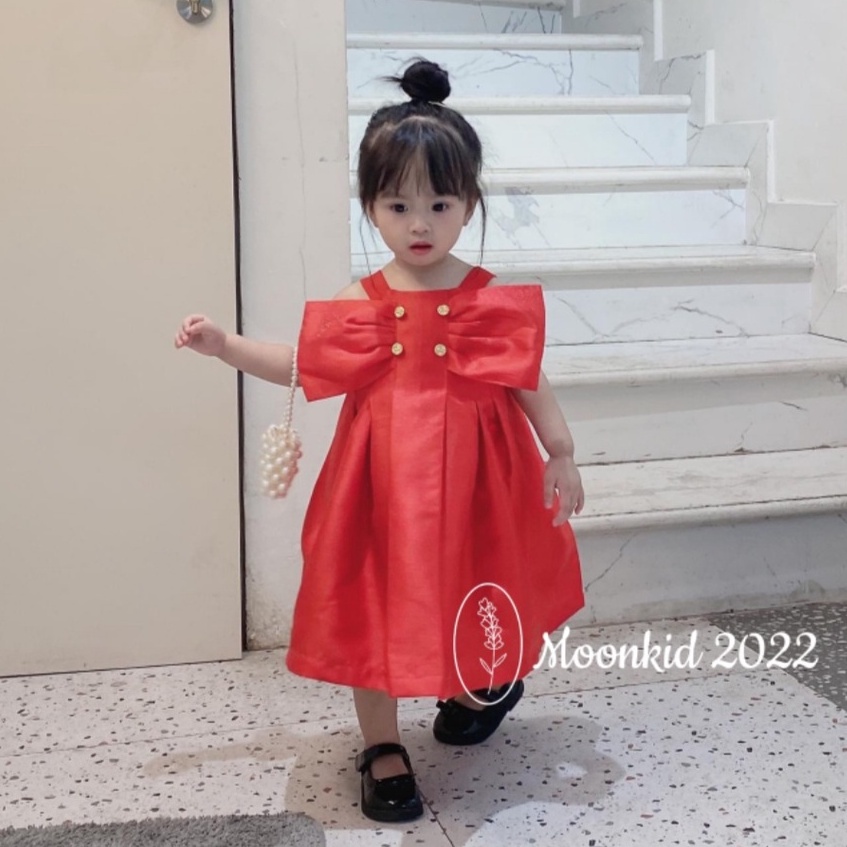 Váy cho bé gái, váy 2 dây cho bé gái đính nơ ngực dáng bồng