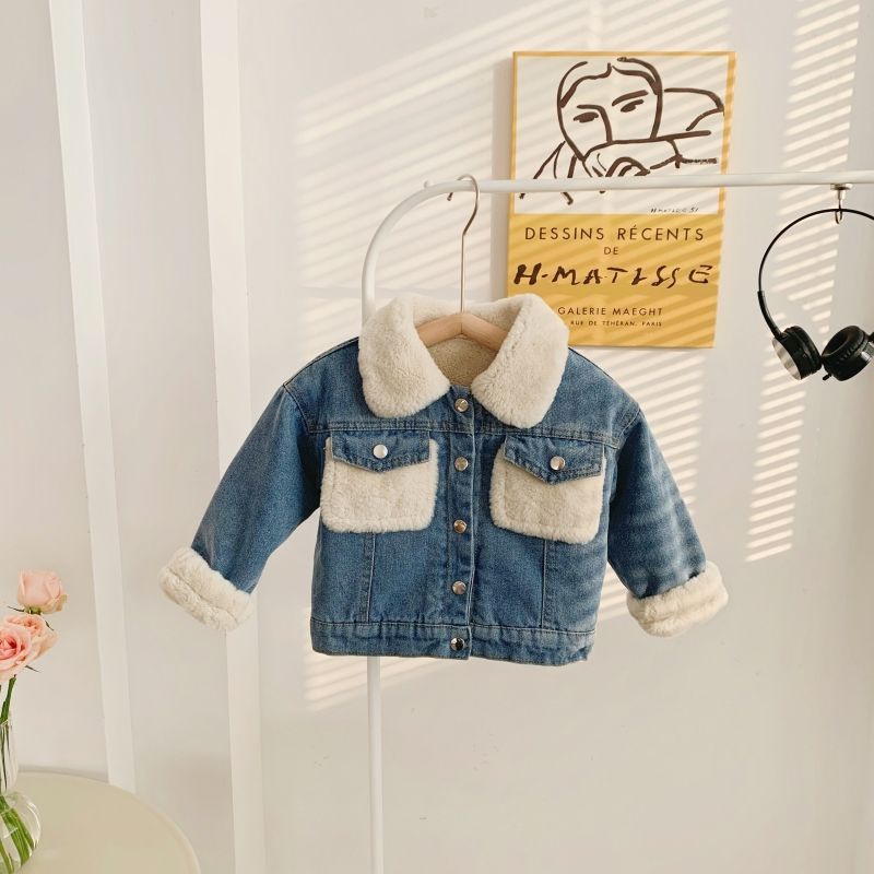 Áo Khoác Denim Lót Lông Cừu Dày Dặn Phong Cách Hàn Quốc Thời Trang Mùa Đông 2021 Cho Bé