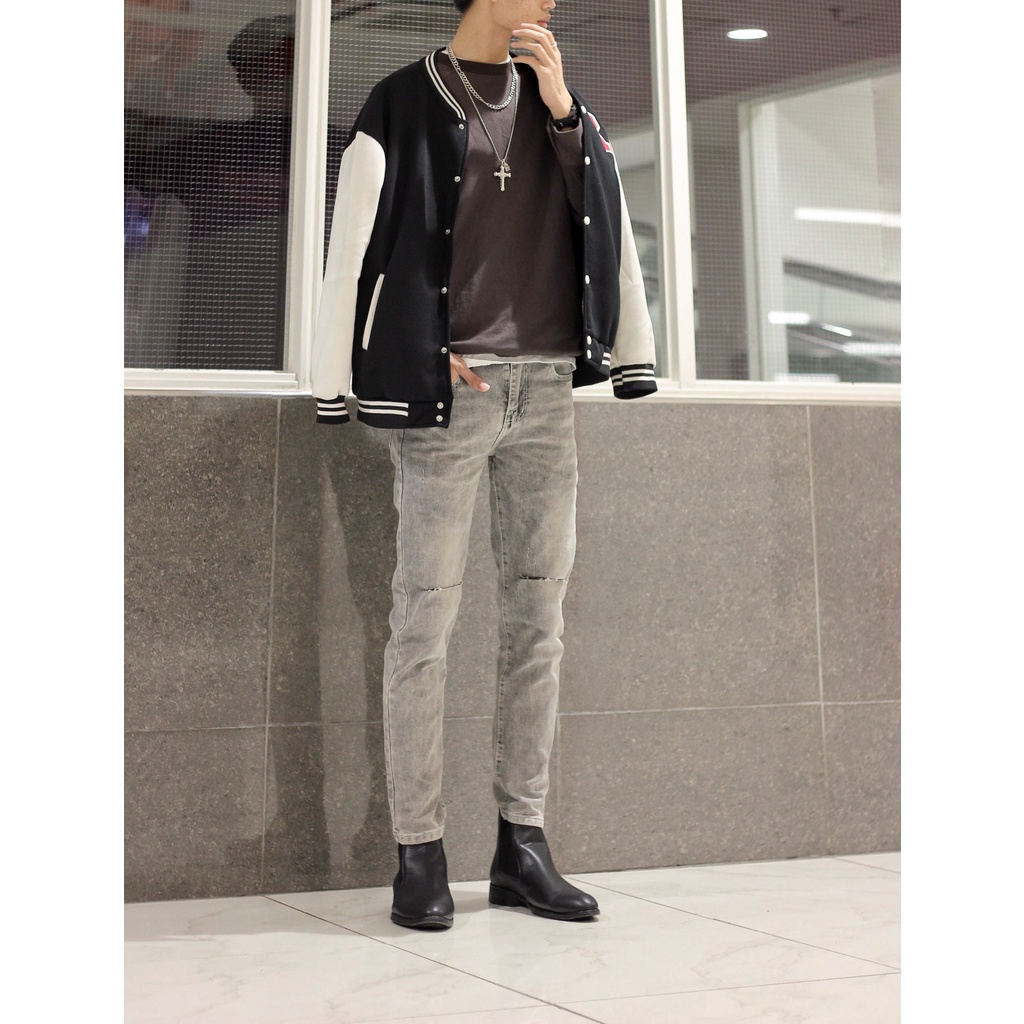 Quần bò nam rách gối slimfit co giãn màu xám pon.mens