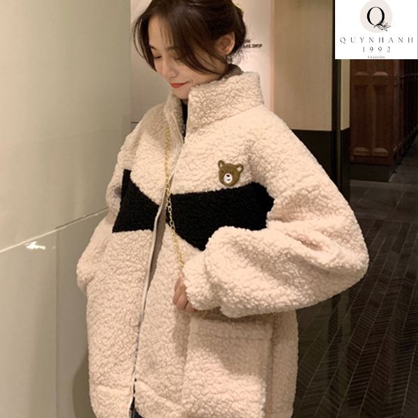 Áo khoác lông cổ cao LOGO gấu kèm túi, Áo lông nam nữ From rộng màu Đen Trắng Ullzang áo cặp đôi hotren 2022