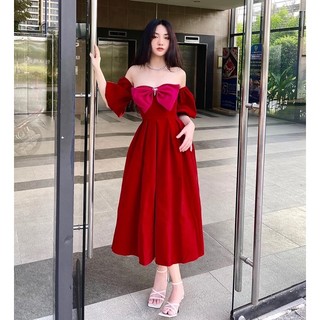 đầm đỏ nơ hồng