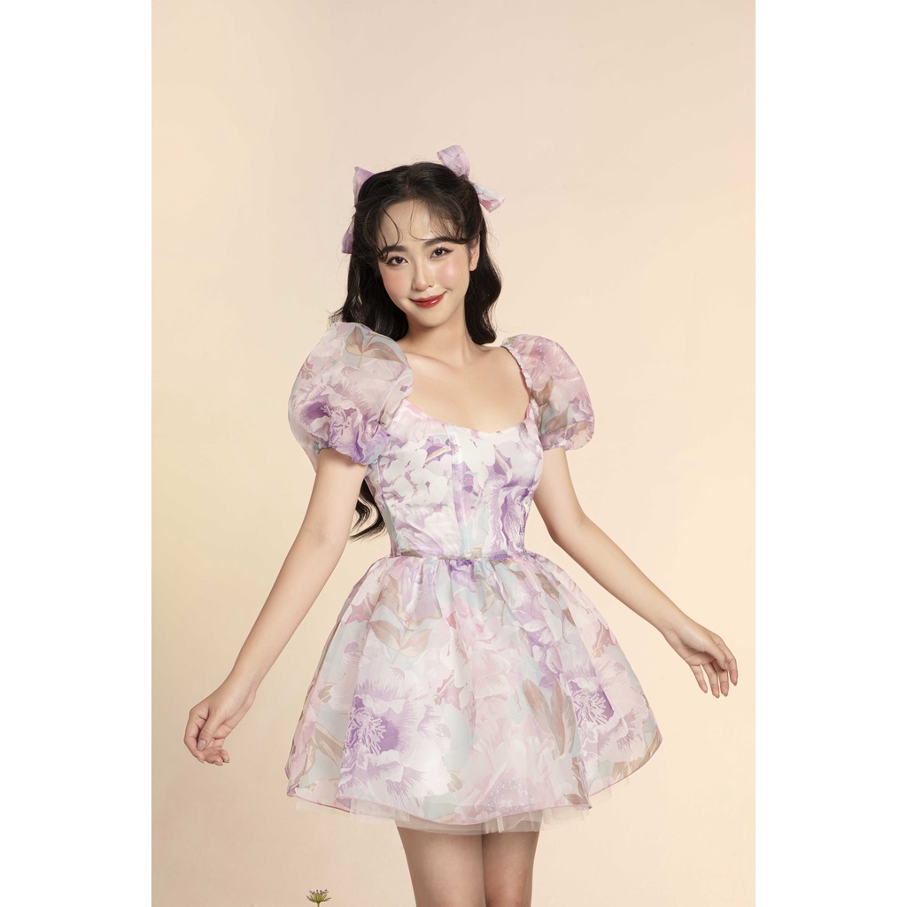 Váy ngắn tay bồng chát liệu organza in hoa The Peachy- Orianna Dress