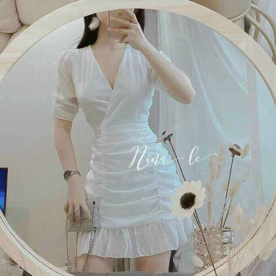 Đầm trắng cổ chéo tay nhún dễ thương,đầm body nhún đuôi cá tôn dáng,đi chơi dự tiệc sang chảnh