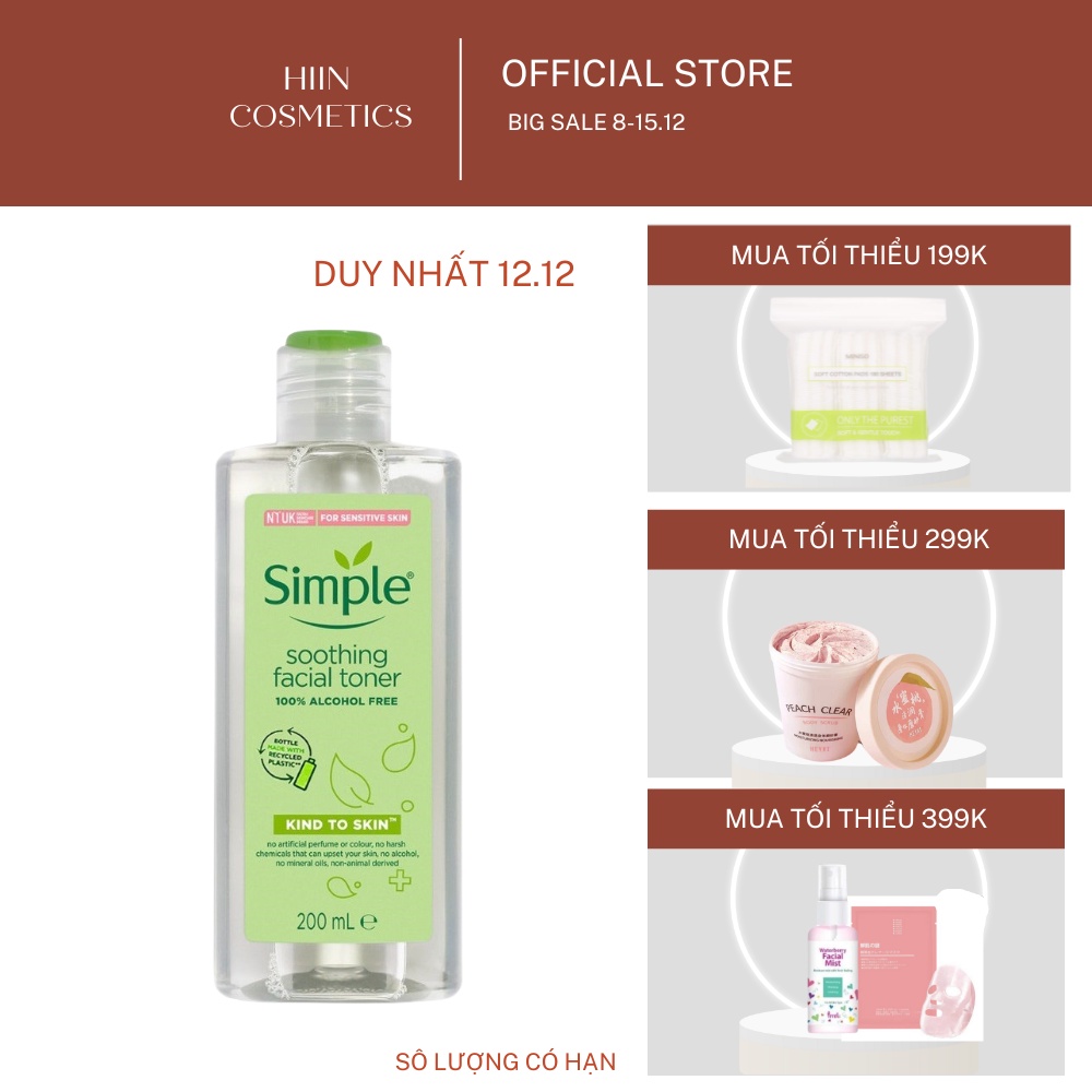 Nước hoa hồng Simple Toner làm dịu và cân bằng độ ẩm cho da, phù hợp mọi loại da khô, thường, dầu, mụn,nhạy cảm lọ 200ml