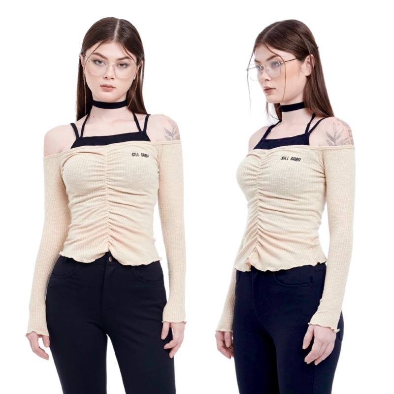 GILL BABY | Áo croptop trễ vai ay dài nhún thân chất len gân đi học đi làm đi chơi thu đông (DAILY TOP) | BigBuy360 - bigbuy360.vn