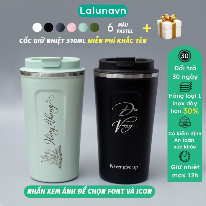 Ly giữ nhiệt 510ml KHẮC TÊN cốc coffee Lalunavn inox 304 giữ lạnh 12h tặng + Sticker trang trí