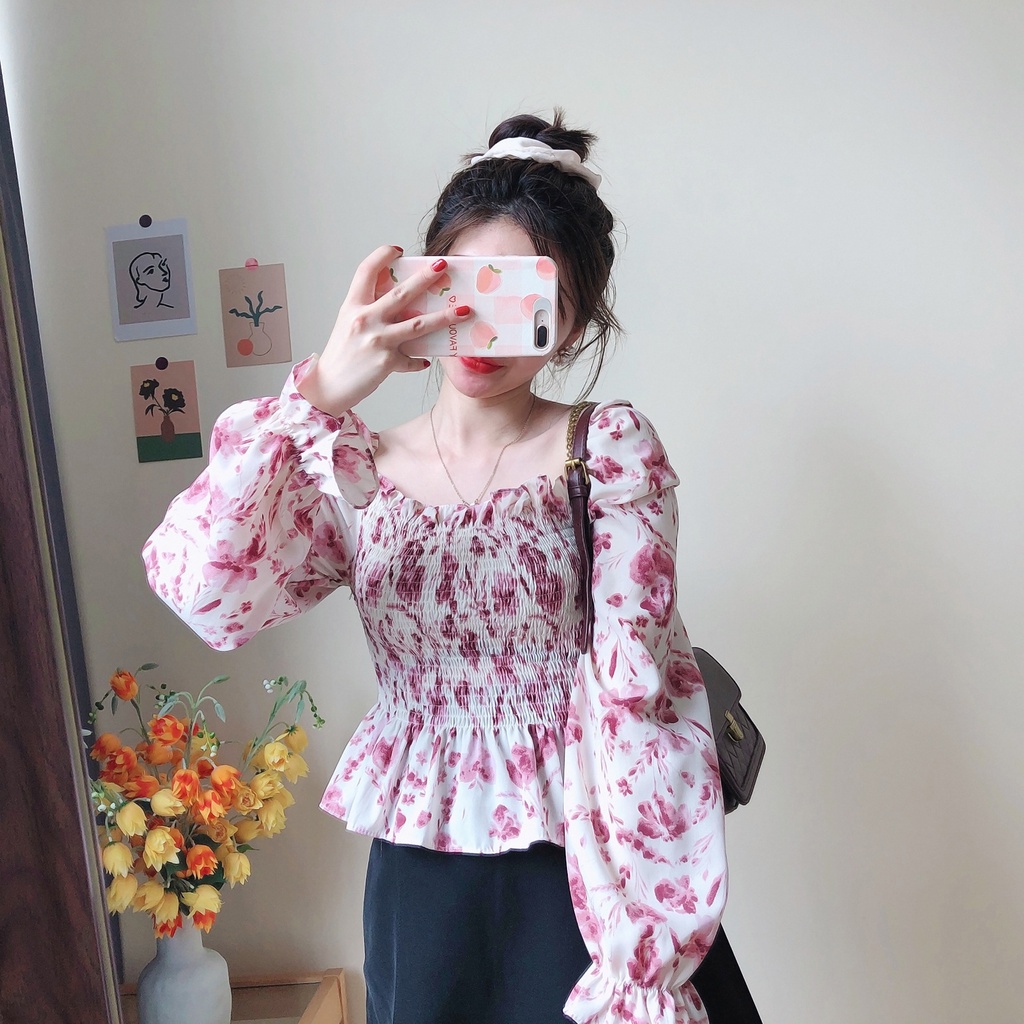 Áo sơ mi hoa ZHELIHANGFEI tay dài ôm eo gợi cảm xinh xắn